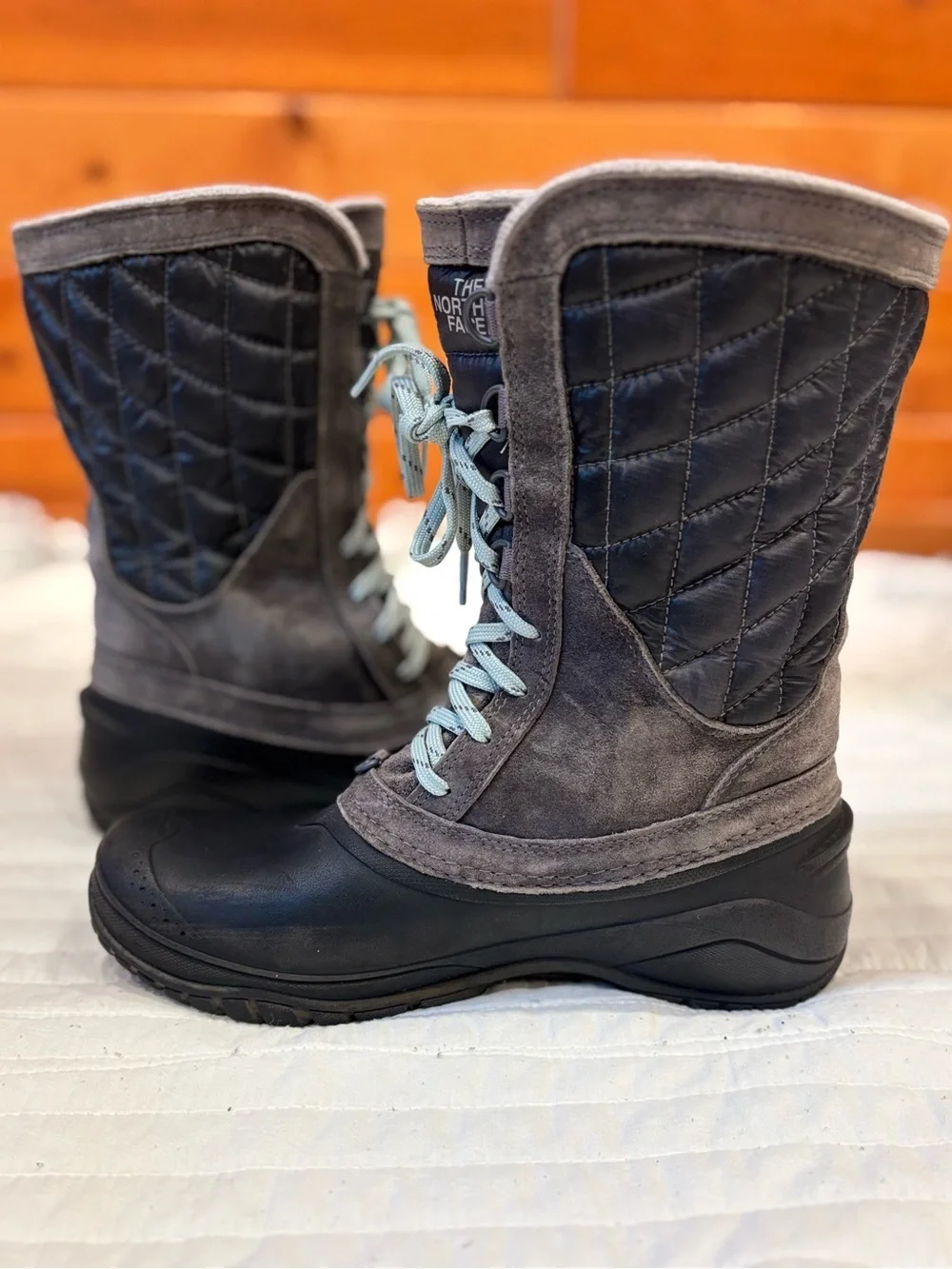 The North Face Thermoball Utility Tall Quilted Snow Boots Gray Blue Women's 8.5